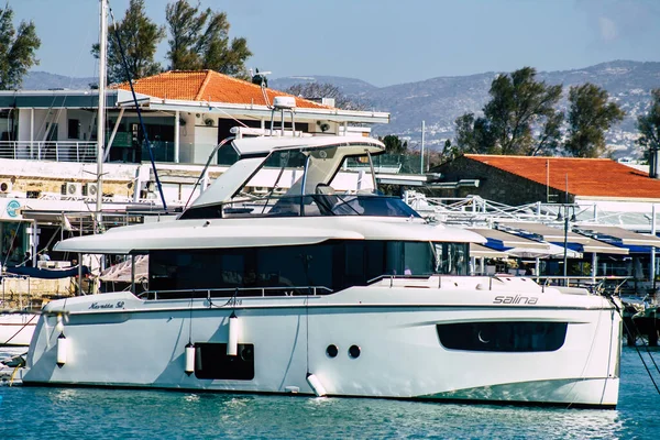 Paphos Chipre Março 2020 Vista Barcos Atracados Porto Paphos Tarde — Fotografia de Stock