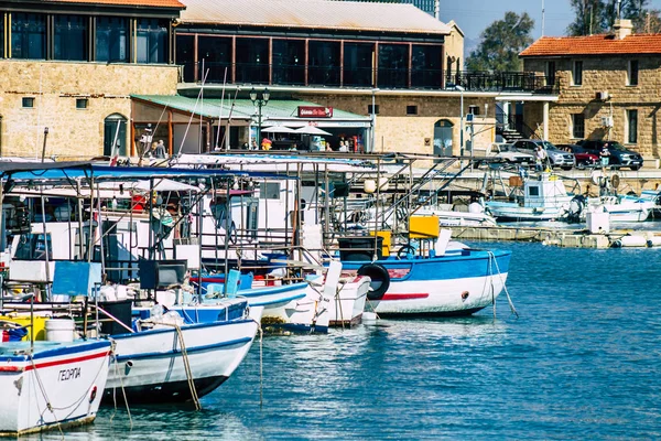 Paphos Kypr Březen 2020 Pohled Lodě Kotvící Přístavu Paphos Odpoledních — Stock fotografie