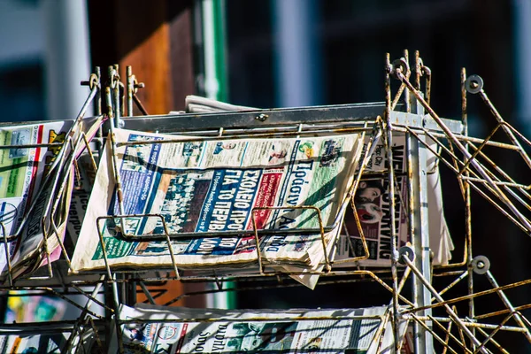 Paphos Cyprus February 2020 View Various Newspapers Magazines Sold Streets — Stock Photo, Image