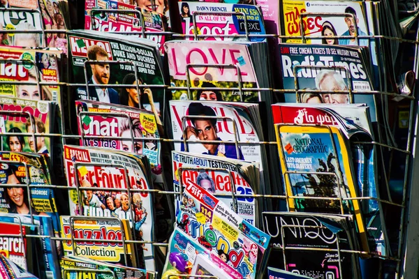 Paphos Cyprus February 2020 View Various Newspapers Magazines Sold Streets — Stock Photo, Image