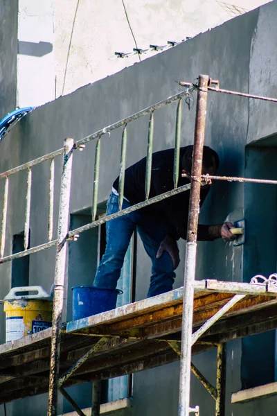 Paphos Chipre Marzo 2020 Vista Personas Identificadas Trabajando Nuevo Edificio — Foto de Stock