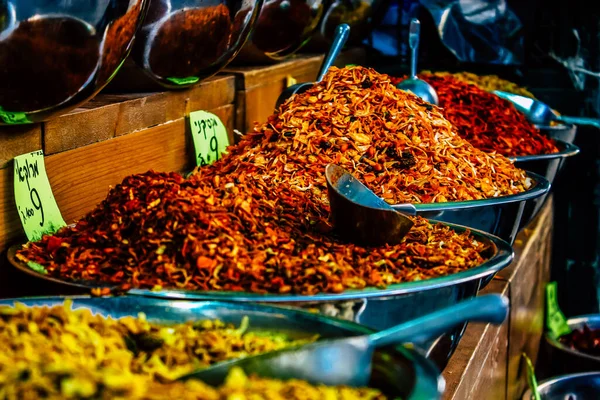 Jerusalem Israel August 18, 2018 Closeup of various spices sold in Mahane Yehuda Market, often referred to as The Shuk, is a marketplace in Jerusalem and one of the most famous in the Middle East