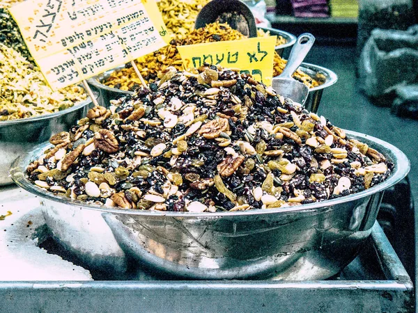 Jerusalém Israel Agosto 2018 Fechar Várias Frutas Secas Vendidas Mercado — Fotografia de Stock