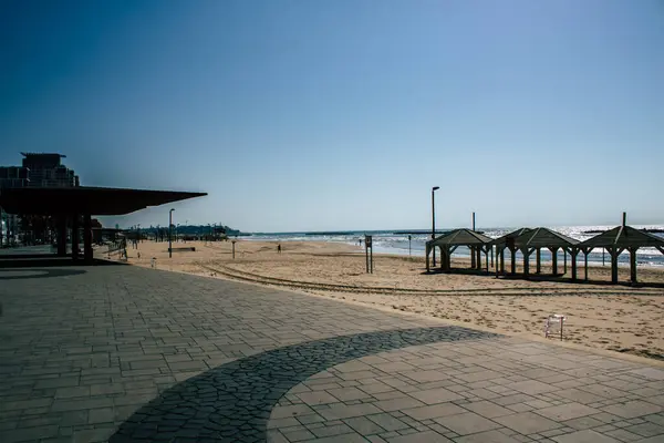 Tel Aviv Israel April 2020 Zicht Leeg Strand Van Tel — Stockfoto