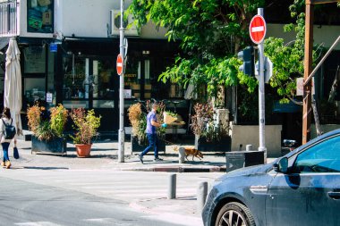 Tel Aviv İsrail 07 Nisan 2020 Coronavirus 'un yayılmasını önlemek için halkın karantinası sırasında Tel Aviv' in boş sokaklarında yürüyen kimliği belirsiz insanların görüntüsü