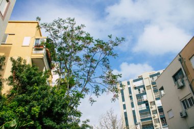 Tel Aviv İsrail, 07 Nisan 2020 'de Tel Aviv sokaklarındaki modern bir binanın cephesine baktı.