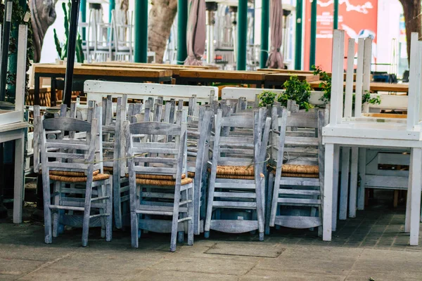 Limassol Кіпр Квітня 2020 Вид Різні Стільці Столи Ресторанів Закритих — стокове фото