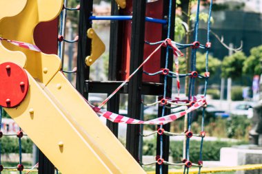 Limasol Kıbrıs Rum Kesimi 21 Mayıs 2020 Limasol kentinde Coronavirüs salgını nedeniyle çocuksuz bir oyun parkı manzarası