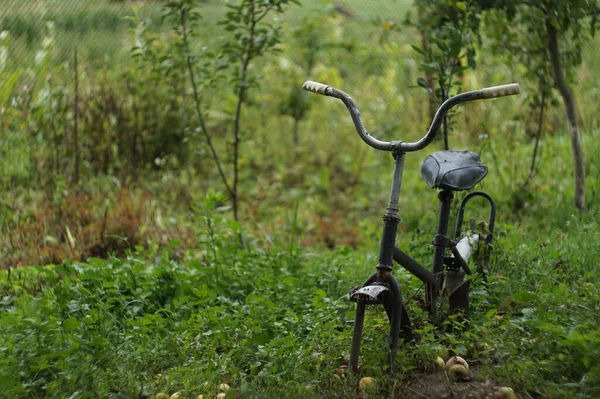 Egy törött kerékpár a zöld kertben — Stock Fotó