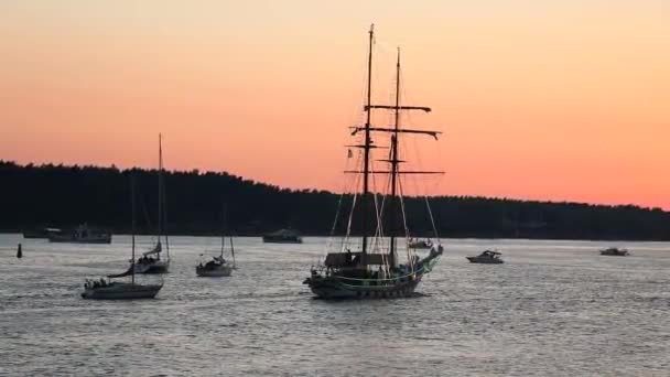 Parade Navire Dans Fond Coucher Soleil Rouge — Video