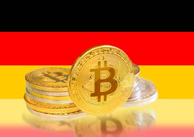 Almanya 'nın Bayrağı, Kripto Para Birimi, Dijital Para Konsepti Üzerine Bitcoin Sikkeleri