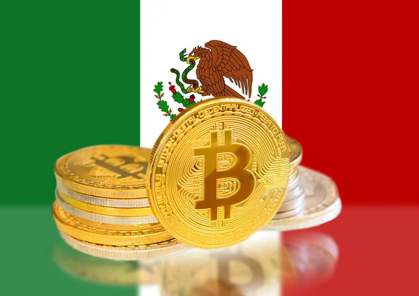 Bitcoin coins on Mexico's Flag, Cryptocurrency, Digital money concept — Stock Photo, Image