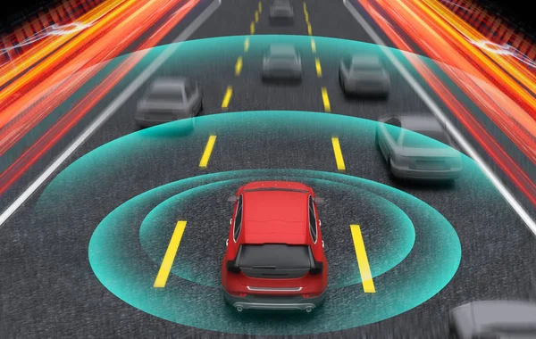 Smart car, Autopilot, self-driving mode vehicle with Radar signal system, 3d Rendering illustration. — стоковое фото