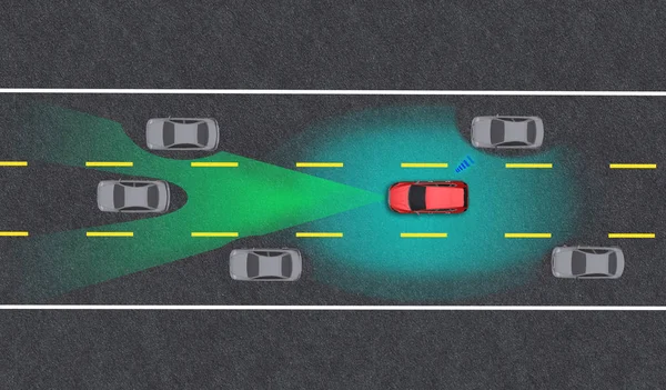 Розумний автомобіль, автопілот, автомобіль самокерованого режиму з радіолокаційною сигнальною системою та бездротовим зв'язком , — стокове фото