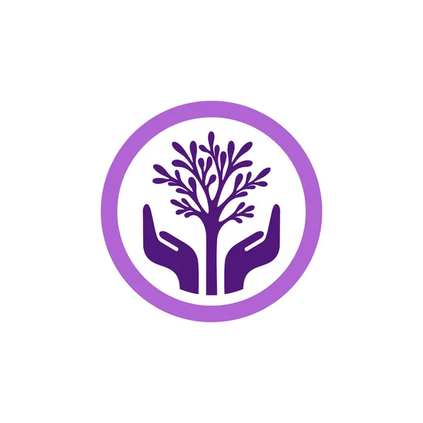Árbol vectorial púrpura con las manos en círculo — Vector de stock