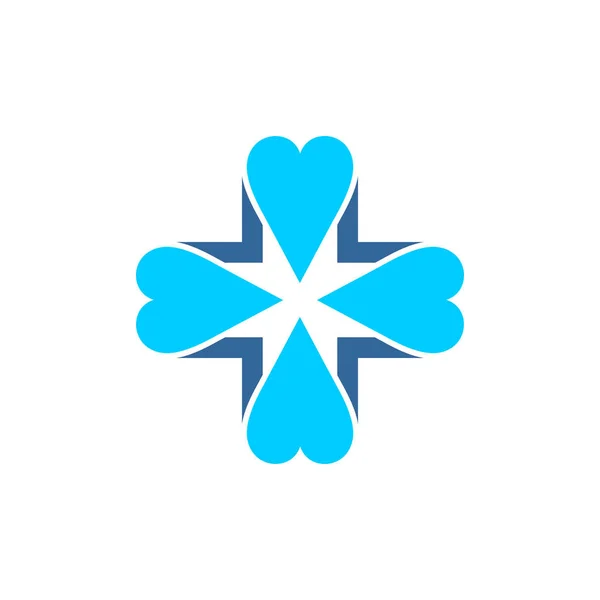 Blue vector cross covered by four blue hearts — Stock Vector