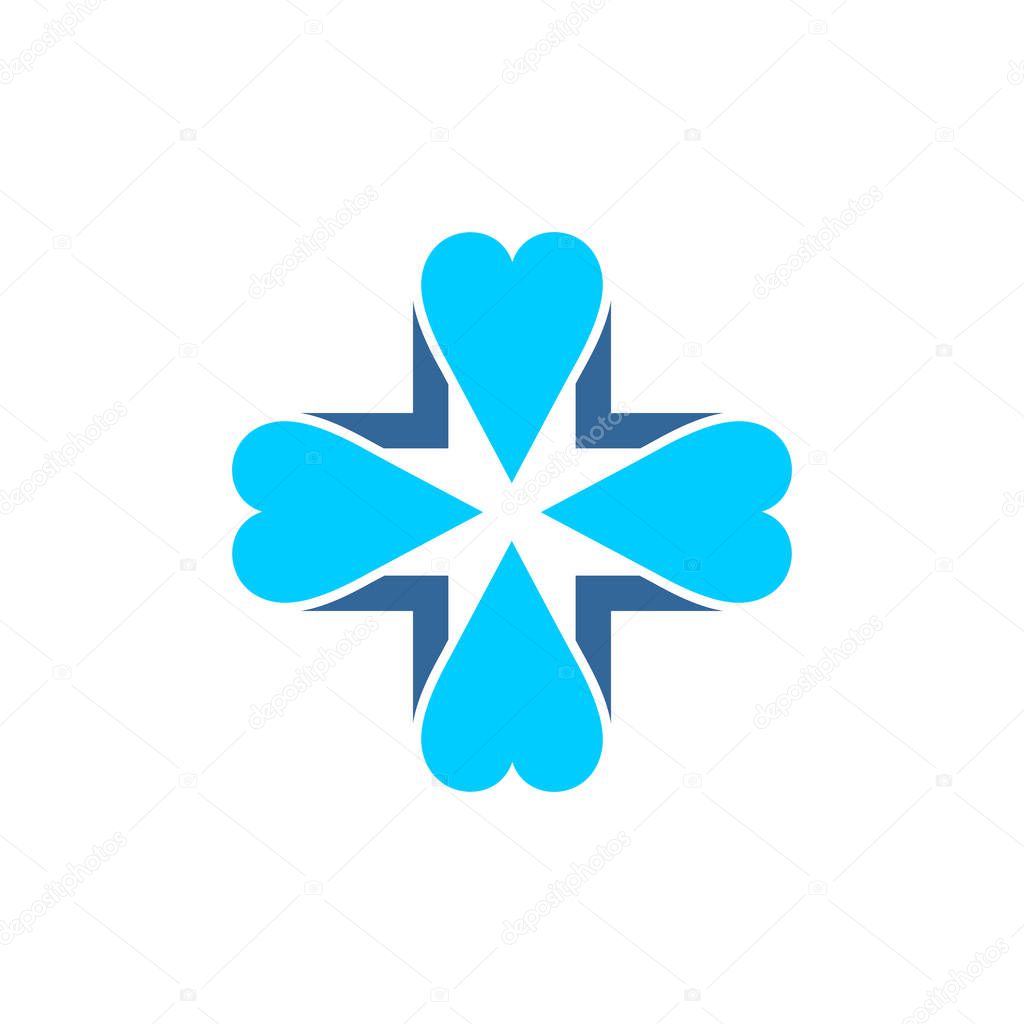 Blue vector cross covered four blue hearts