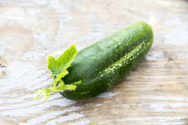 Grüne Gurke mit einem Blatt auf einem Holztisch — Stockfoto