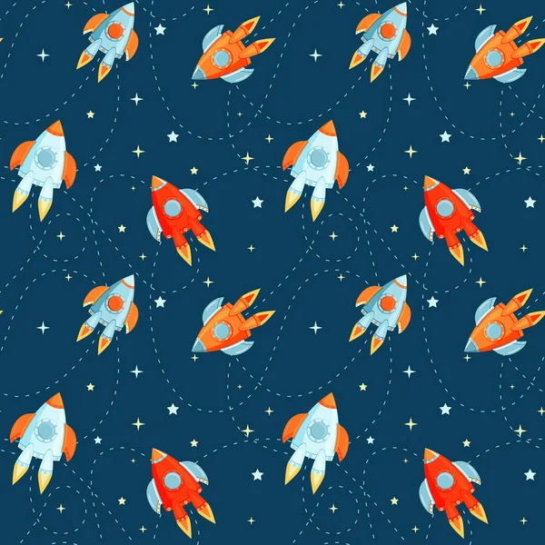 Cartoon vector rockets in cosmos seamless pattern