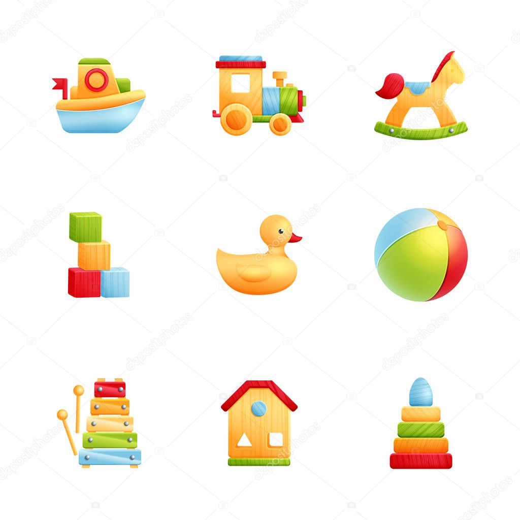 Baby first toys realistic icon set