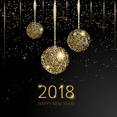 2018 mutlu yeni yıl arka plan siyah zemin üzerine altın glitter topları ile