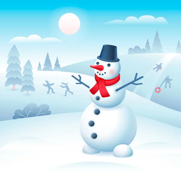 Vector Ilustração de um boneco de neve bonito em cachecol e chapéu de balde na paisagem de inverno —  Vetores de Stock