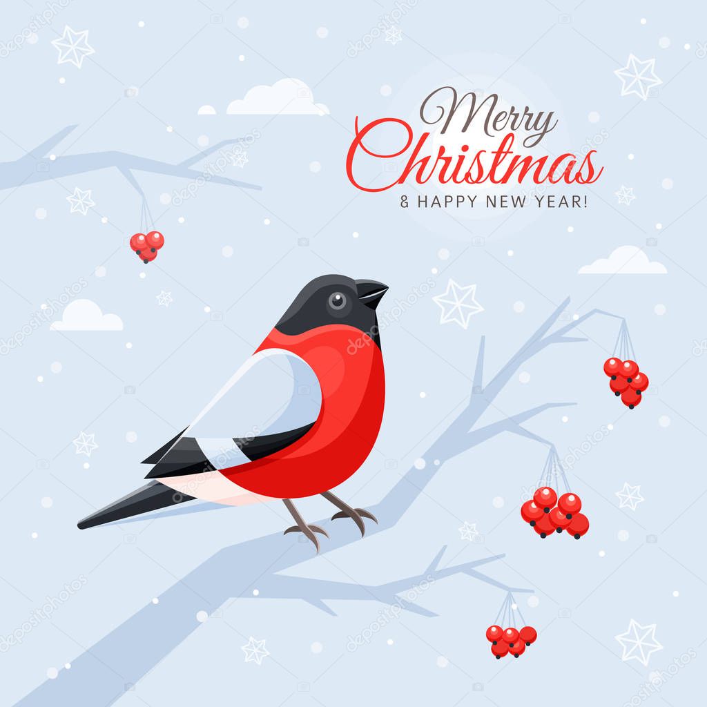 Vector colorful bullfinch sitting on sprig rowan tree. Christmas greeting card, invitation. Merry Christmas logo, text.