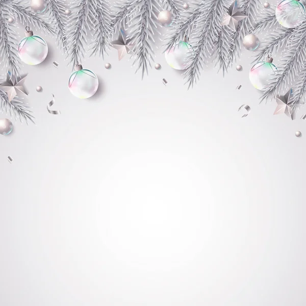 Kerst achtergrond met sparren takken en dwcorations in elegante witte en zilveren kleur — Stockvector