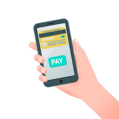 Telefon ekranında kredi kartıyla el ele tutuşmanın düz vektör çizimi. İzole edilmiş arkaplan