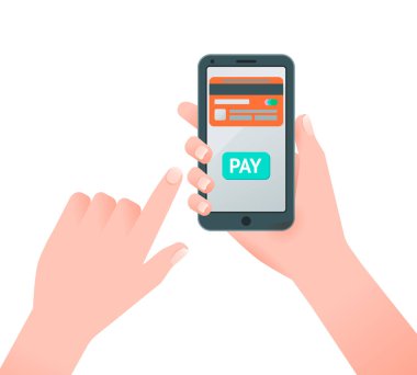 Ekranda kredi kartıyla akıllı telefonu tutmanın düz vektör çizimi. İzole edilmiş arkaplan