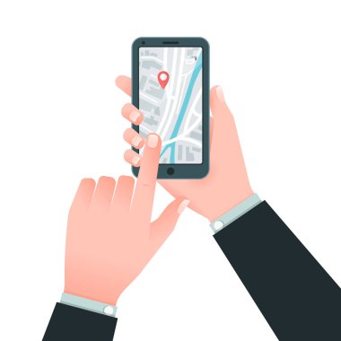 Vektör düz seyrüsefer konsepti. GPS haritalı akıllı telefonu tutan eller