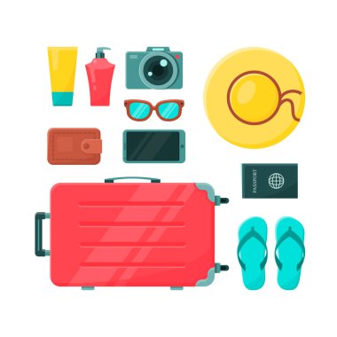 Kişisel seyahat eşyaları ve aksesuarları içeren vektör bavul kompozisyonu