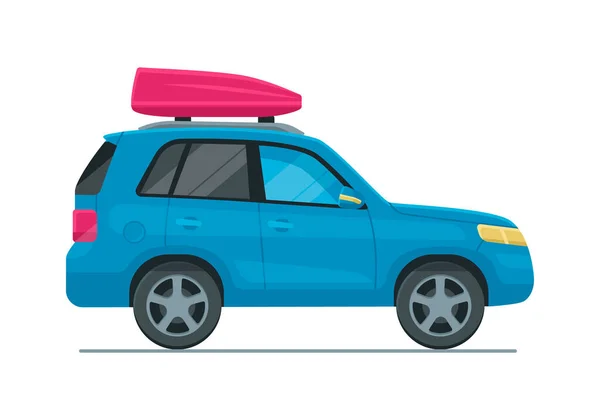Carro plano azul do vetor suv com caixa vermelha do telhado — Vetor de Stock