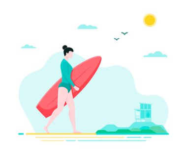 Flat illustration with surfer girl walking on the beach