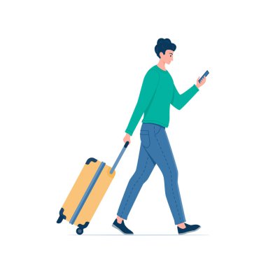 Genç adam akıllı telefon kullanıyor ve bavulla havaalanına yürüyor. Vektör illüstrasyonu