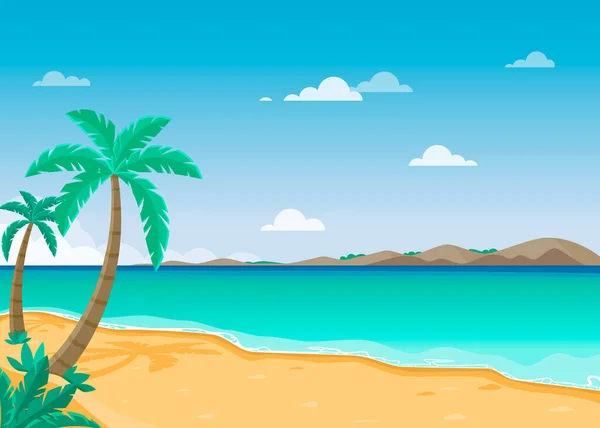 Estate paesaggio spiaggia di sabbia tropicale. Vettoriale bel paesaggio marino — Vettoriale Stock