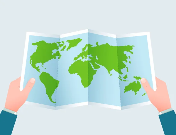 Green folded paper world map with hands vector illustration. — Stock Vector