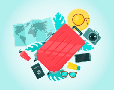 Kişisel seyahat eşyaları ve aksesuarları içeren vektör bavul kompozisyonu