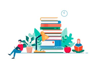 Ev okuma modern düz tasarım konsepti. İnsanları incelemek