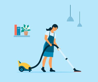 Çizgi film kızlarının düz stil vektörü yerleri süpürür.