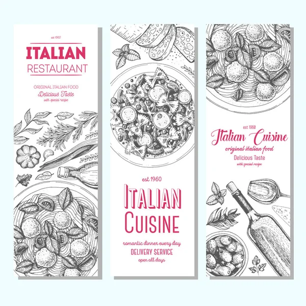 Italian food vintage banners set. Vector illustration hand drawn linear art. Italian Cuisine restaurant menu. Hand drawn sketch vector banners