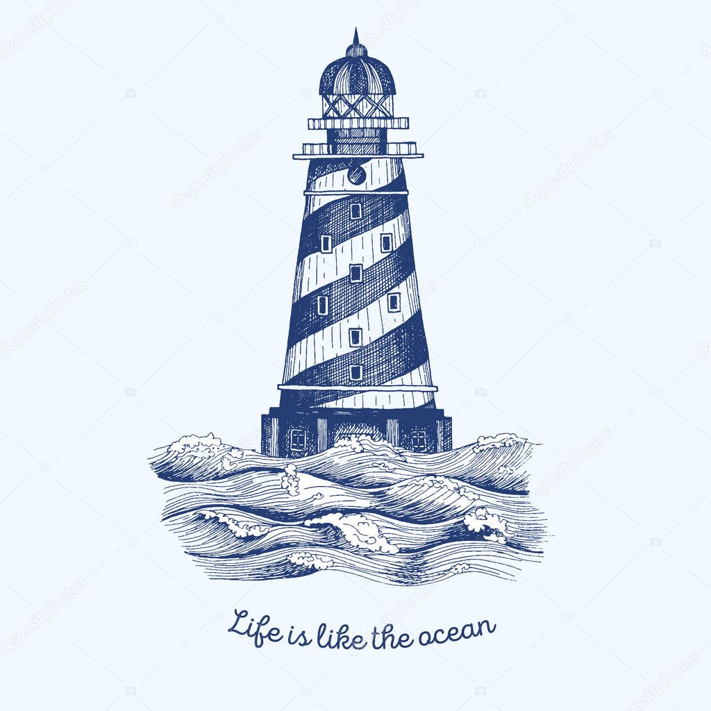 Lighthouse Waves Vector Illustration Hand Drawn Ink Design