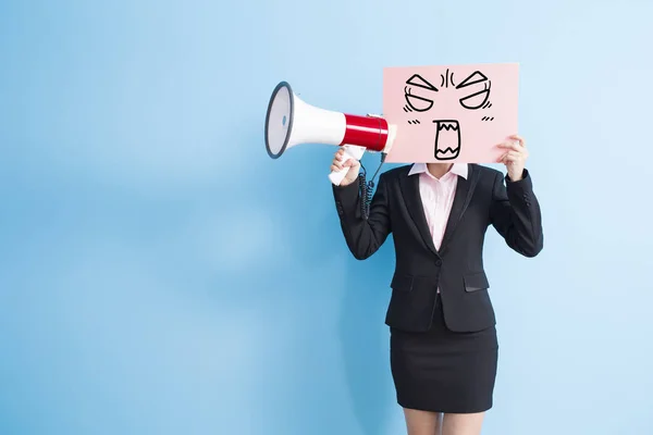 Woman take billboard and microphone — Stock Photo, Image