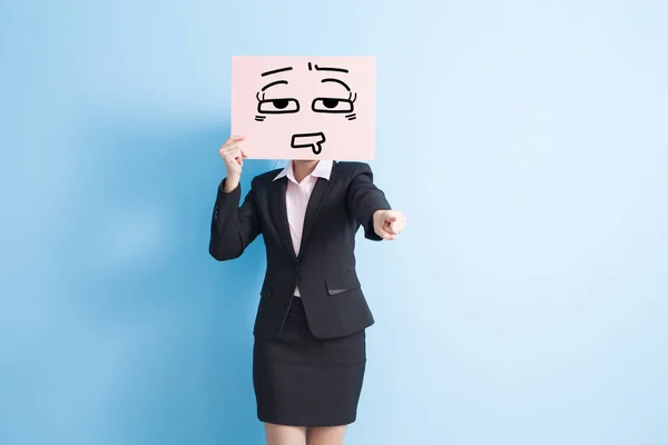 Woman with  tired billboard pointing — Stock Photo, Image