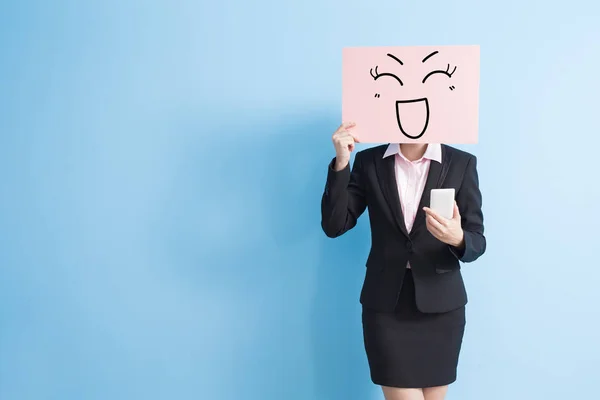 Business woman with  happy billboard — Stock Photo, Image
