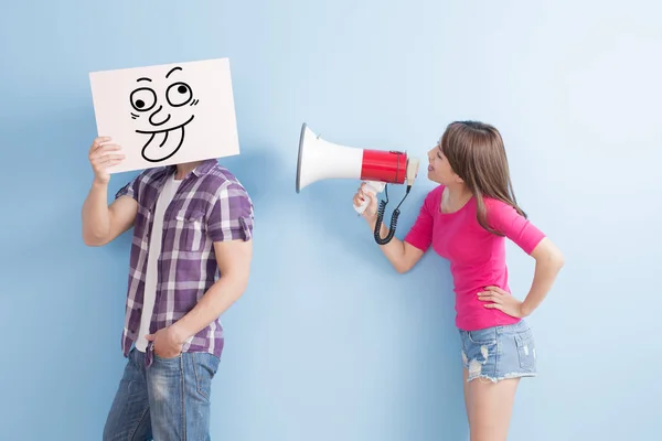 Woman with  megaphone shouting — Stockfoto