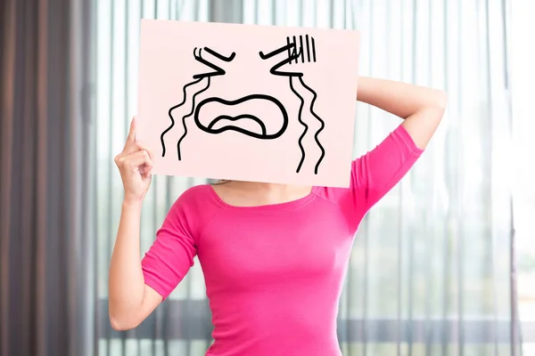 Woman holds  cry billboard — Stock Photo, Image