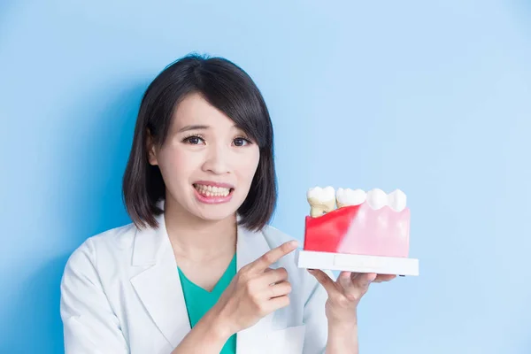 Mujer dentista con modelo de dientes — Foto de Stock