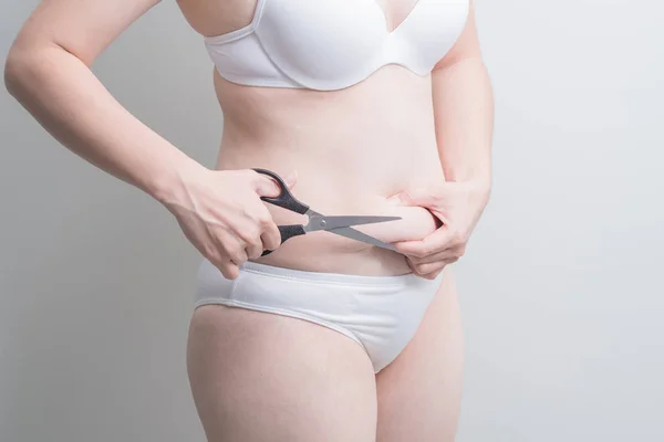 Fat Overweight Woman Holding Scissors Weight Loss Concept — Stock Photo, Image