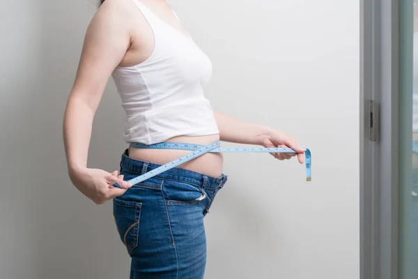 Fat Overweight Woman Measuring Her Waist Tape Gray Background — Stock Photo, Image